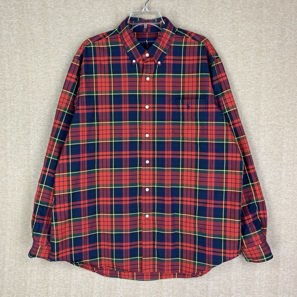 Polo Ralph Lauren Shirt Mens Tartan Plaid 2XL Red Oxford Long Sleeve Blue Pony